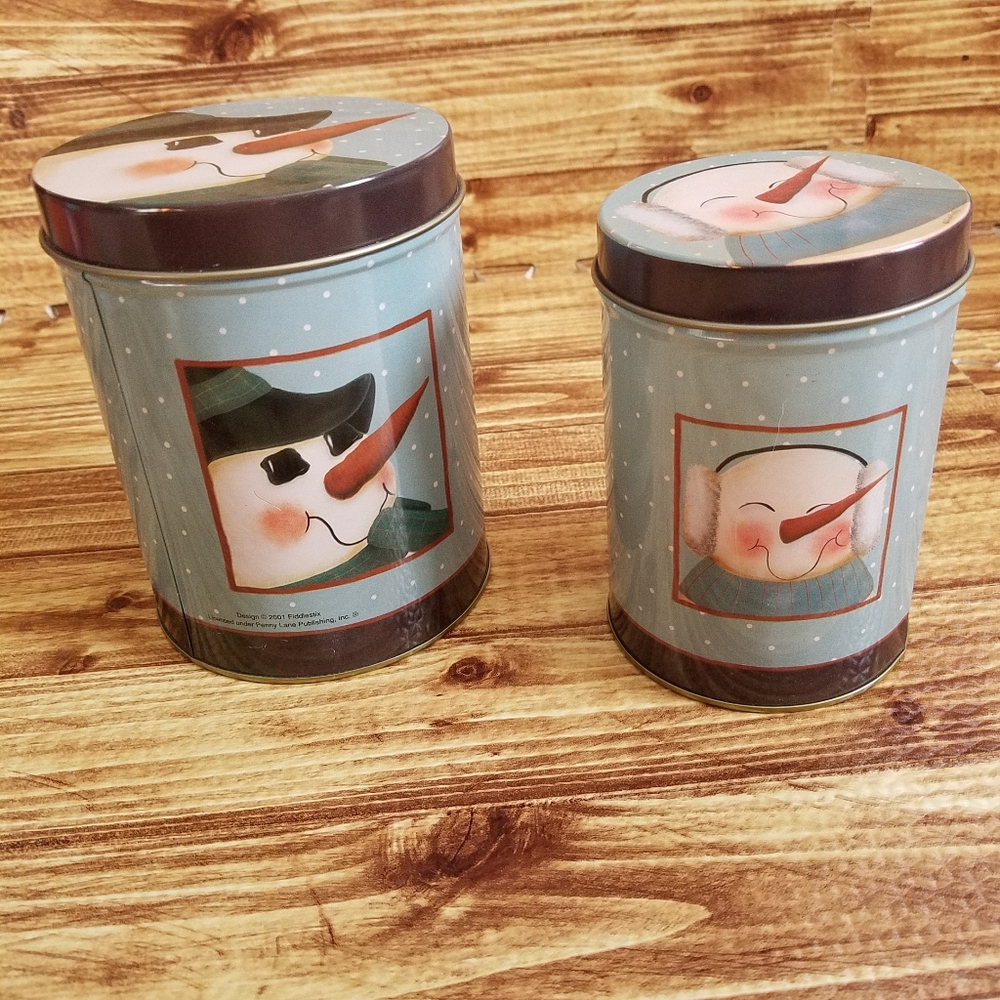Winter Snowman Tin Canister Set 5 Inch Christmas Country Cottage Core Storage